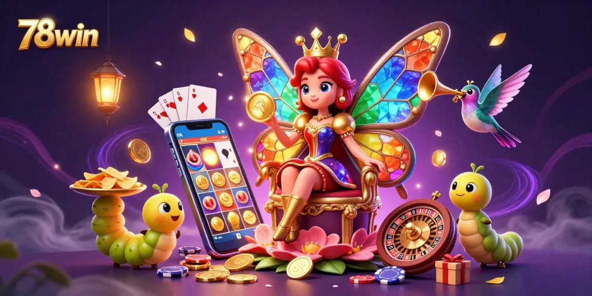 Experience game excitement at 78win with detailed 3D illustration bursting with casino elements.