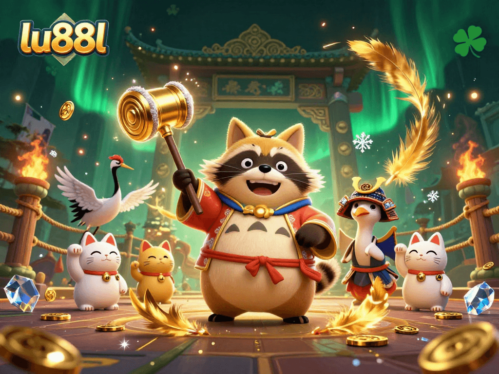 Engage in thrilling casino play with lu88l's cheerful tanuki surrounded by lucky symbols and rich textures.