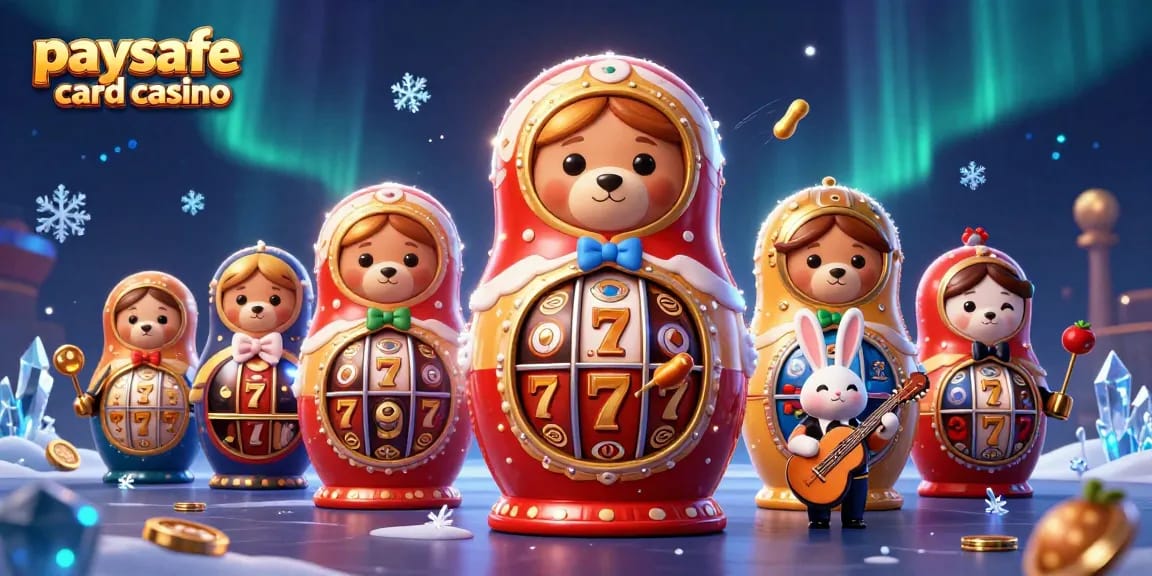 Erleben Sie spannendes Gameplay im Paysafe Card Casino, geschmückt mit Cartoon-Bären, Spielautomaten und lebhaften Casino-Elementen.