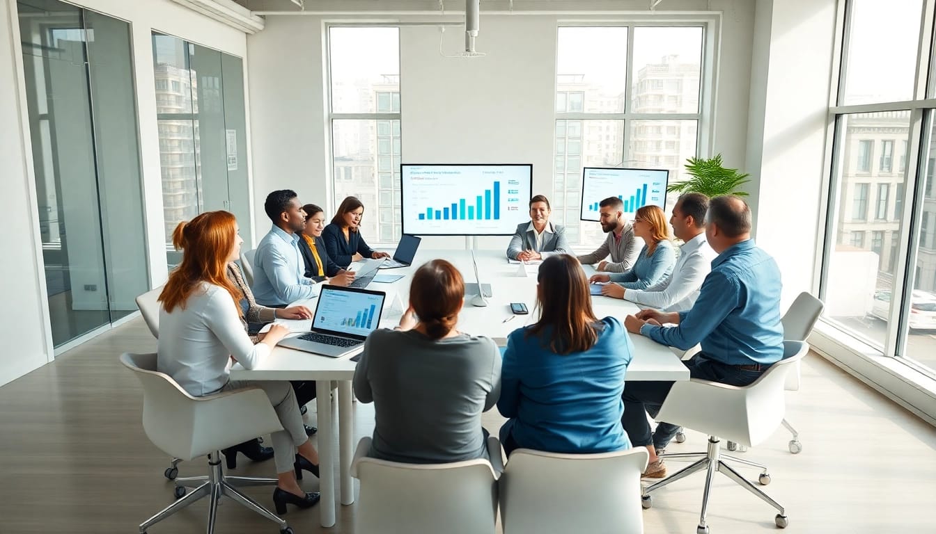 Dynamisches Büromeeting zur Diskussion von Personalvermittlung Vertrieb Strategien mit verschiedenen Fachleuten.