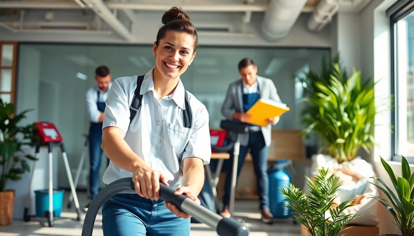 Efficient Gebäudereinigung Ulm durch ein freundliches Reinigungsteam in einem modernen Büro.