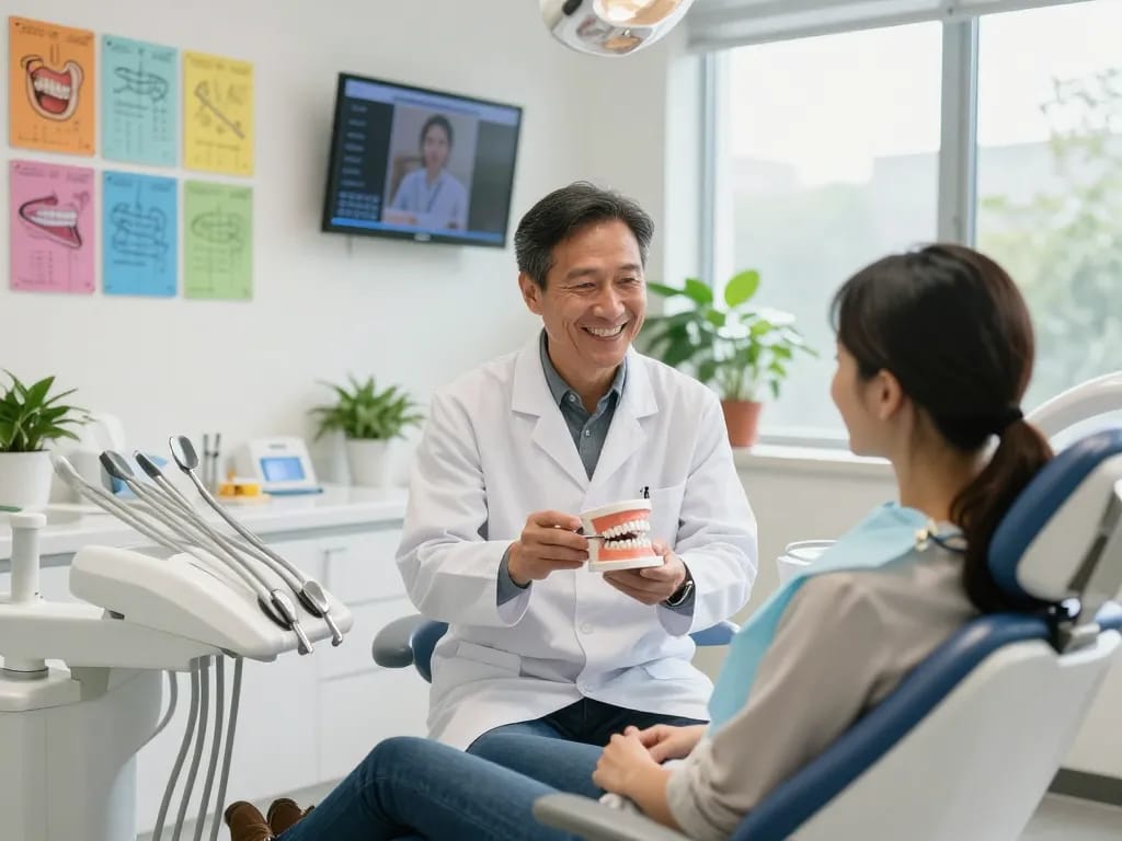 Zahnarzt Wien in einer modernen Zahnarztpraxis, der einem Patienten Beratung und Betreuung bietet und eine freundliche sowie professionelle Umgebung einfängt.