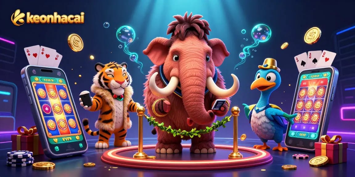 Join the keonhacai action as a woolly mammoth bouncer checks IDs in a vibrant casino scene.