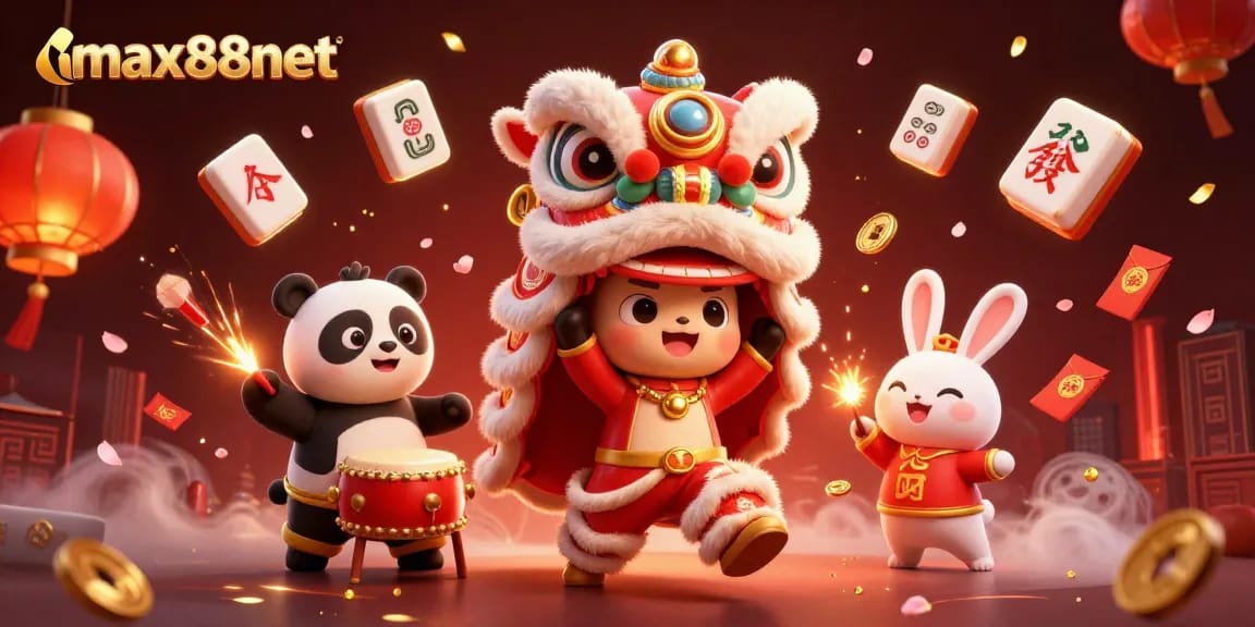 Experience the thrill of gambling with max88net, featuring a lively lion dance and vibrant casino elements.