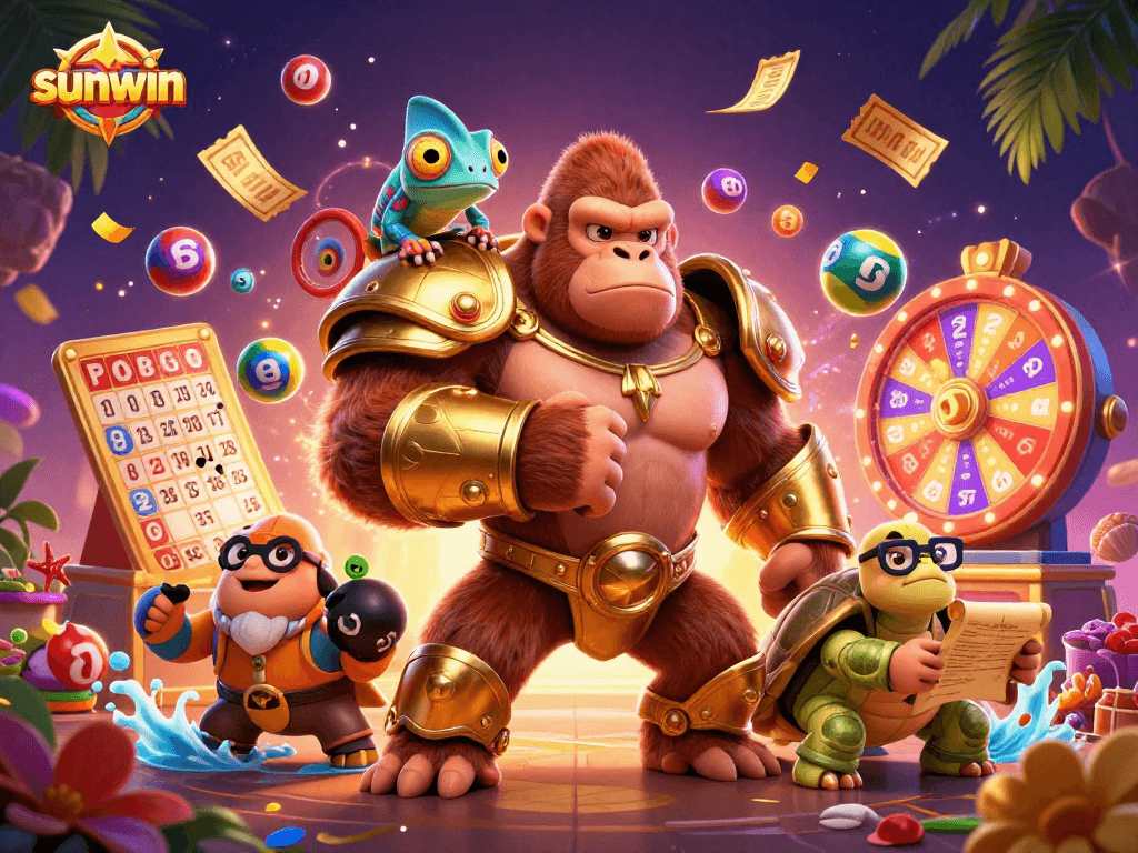 Engage with sunwin's vibrant gaming scene featuring a powerful gorilla and dynamic lottery elements.
