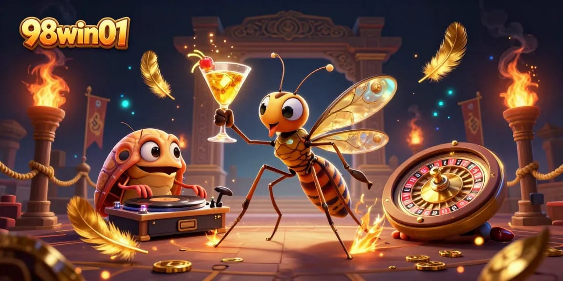 Engage with the vibrant world of 98win01 through an exciting casino scene featuring unique characters and game elements.