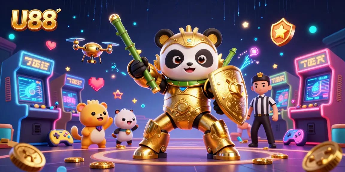 Experience the vibrant action at U88 as a mech-suit panda battles in a dynamic casino arena.
