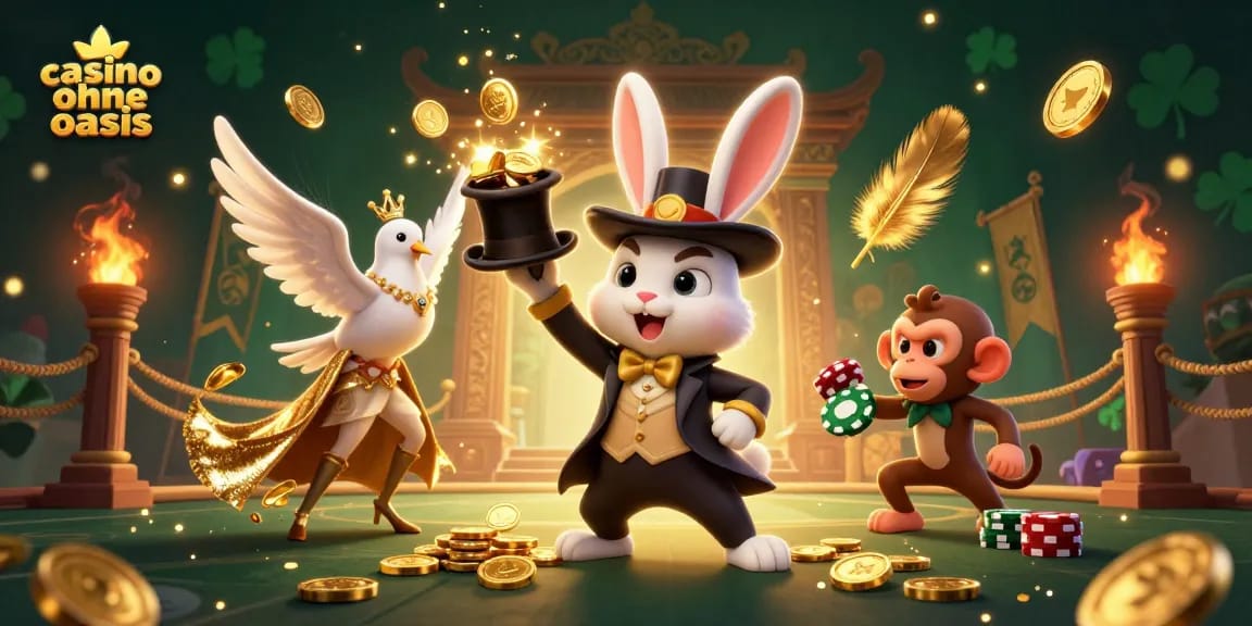 Experience the thrill of casino ohne oasis with a vibrant scene of a magician, dove, and monkey at play.