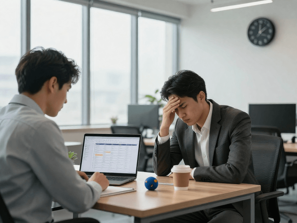 Stress mit Chef sichtbar in einem modernen Büro bei einem Meeting.