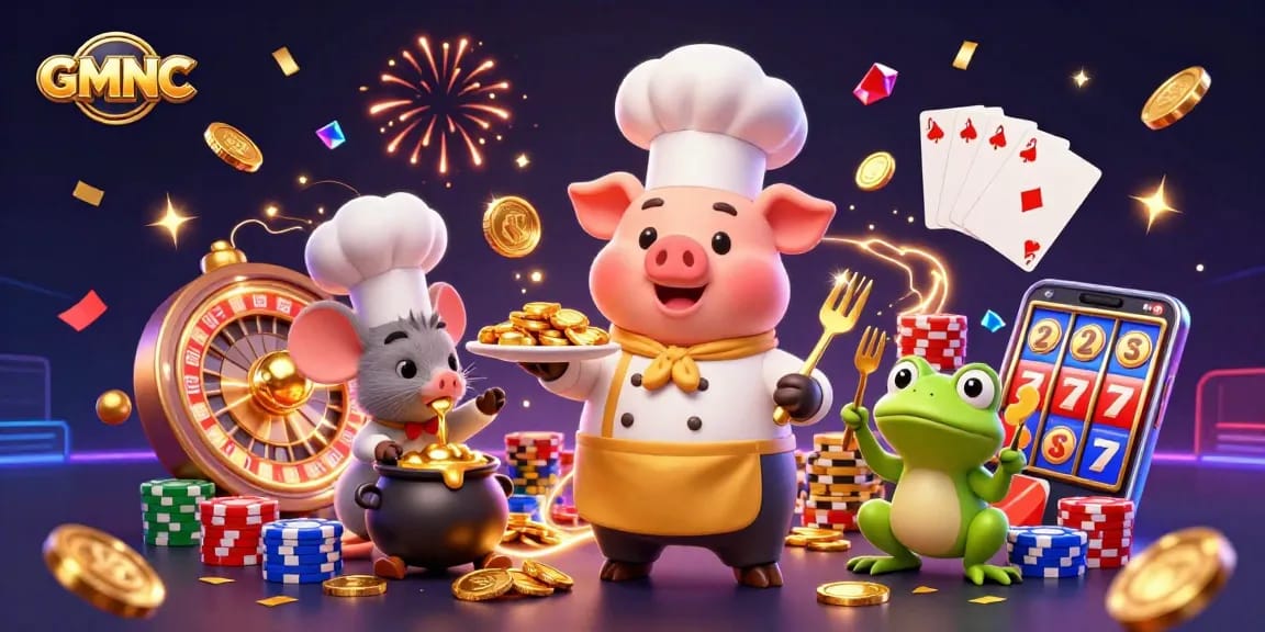 GMNC showcases a lively casino scene with a chef pig and fun characters among casino treasures.