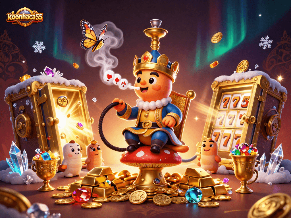 Engage with keonhacai55 through an imaginative casino scene featuring a whimsical caterpillar and game elements.