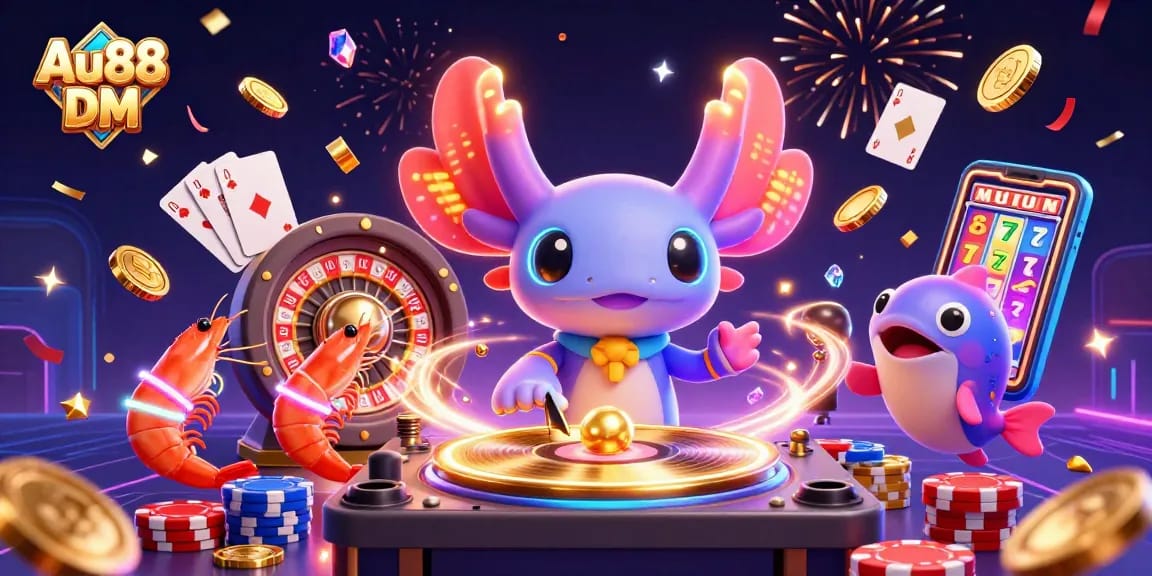 Engage in thrilling action with Au88 DM at a vibrant casino scene featuring colorful 3D characters and dynamic elements.