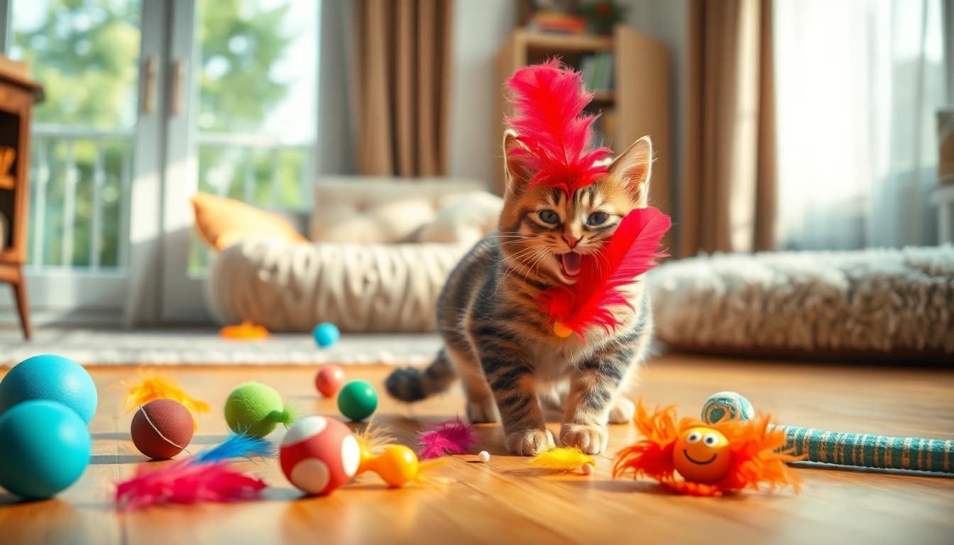 Katzenspielzeug in action: Freude einer Katze mit bunten Spielzeugen.