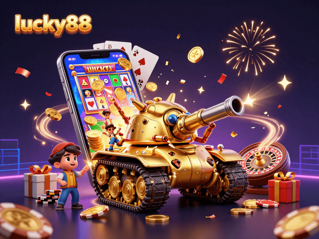 Win big at lucky88 with a vibrant casino scene showcasing captivating games and lively festive elements.