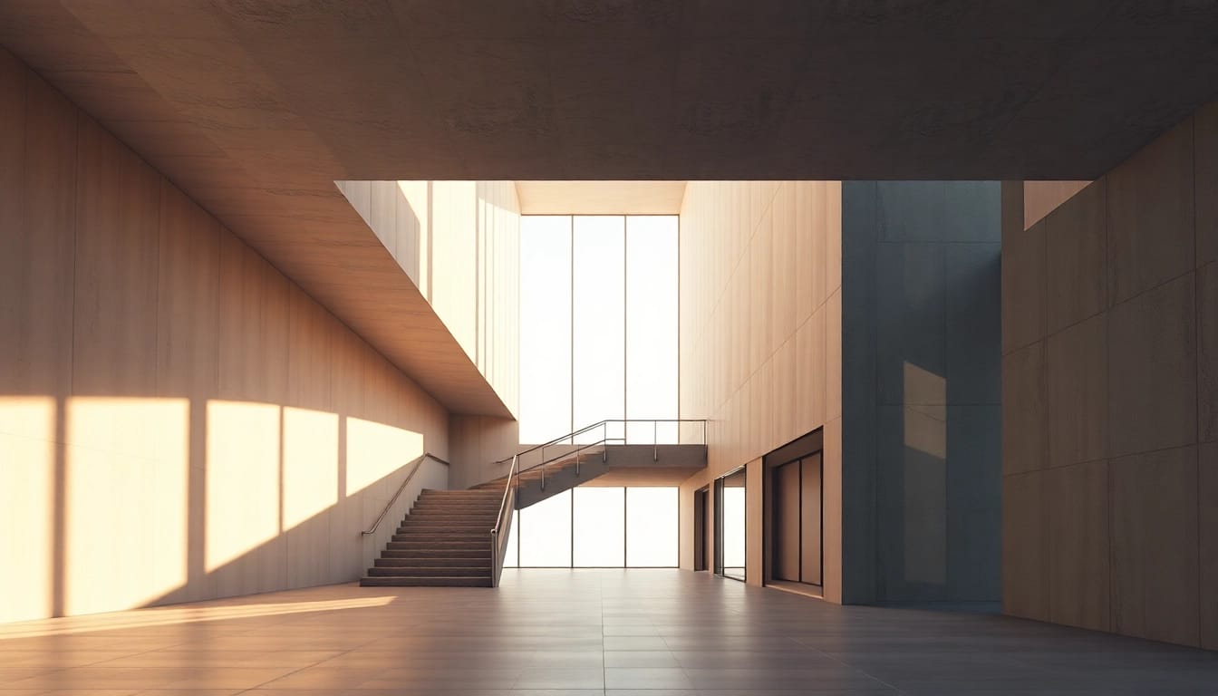 Fotorealistische visualisierung architektur eines modernen Gebäudes mit harmonischen Farben und stimmungsvollem Licht.