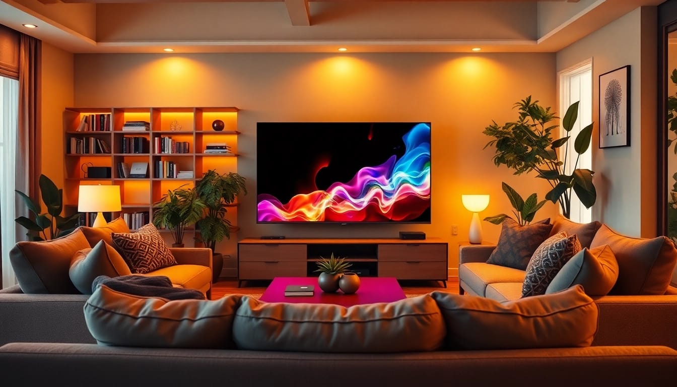 Erleben Sie den IPTV Fernsehdienst in einem gemütlichen Wohnzimmer mit einem großen Smart-TV.