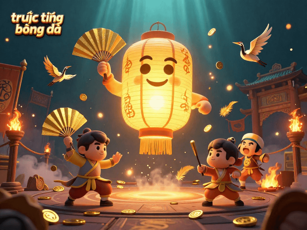 Watch trực tiếp bóng đá at a vibrant night market casino with golden lantern spirit and warriors, perfect for bettors.