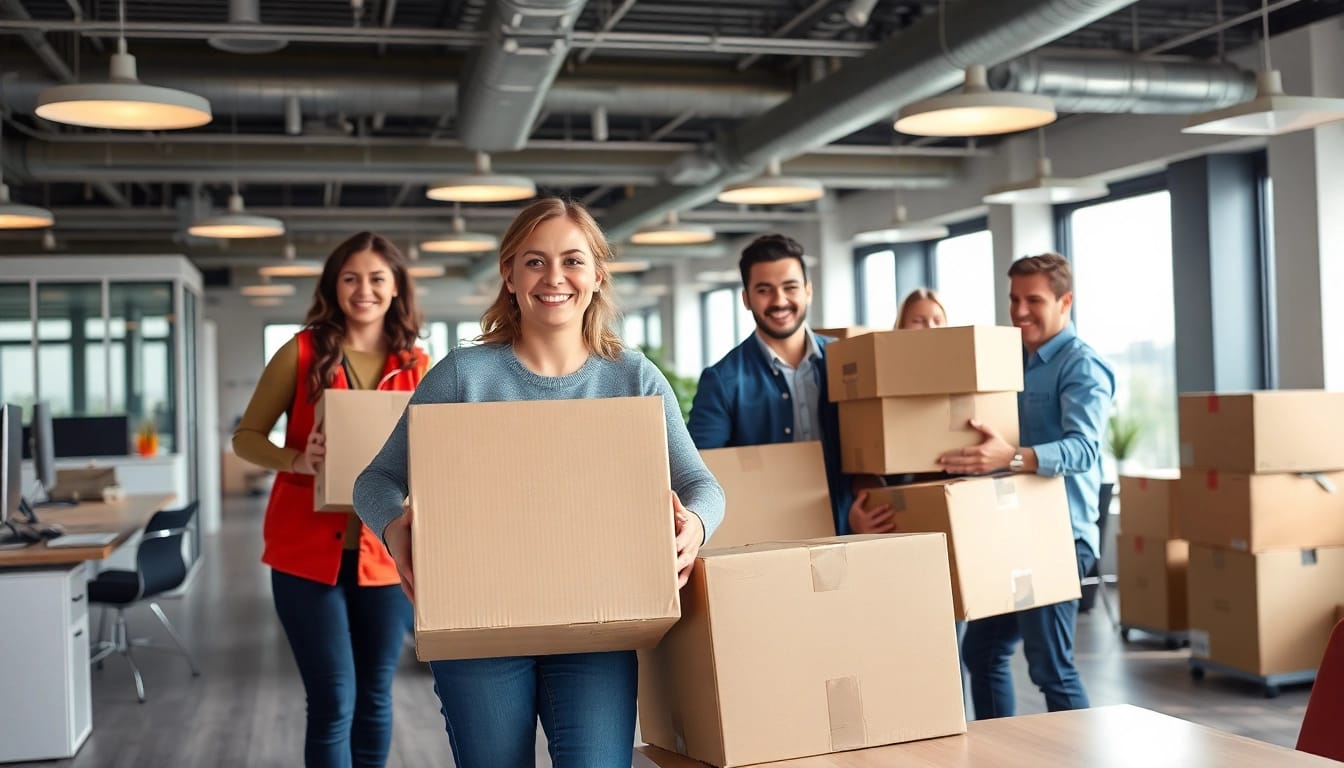 Büroumzug Berlin: Efficient office movers carefully wrapping and packing items in a modern workspace.