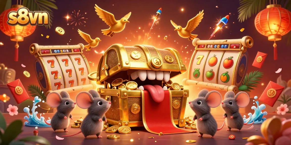 s8vn players enjoy thrilling slots with a cartoon treasure chest promising riches amid vibrant casino elements.