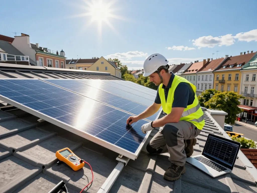 Techniker inspiziert Solarpanels in Wien und präsentiert die erneuerbaren Energielösungen von Solar Wien.