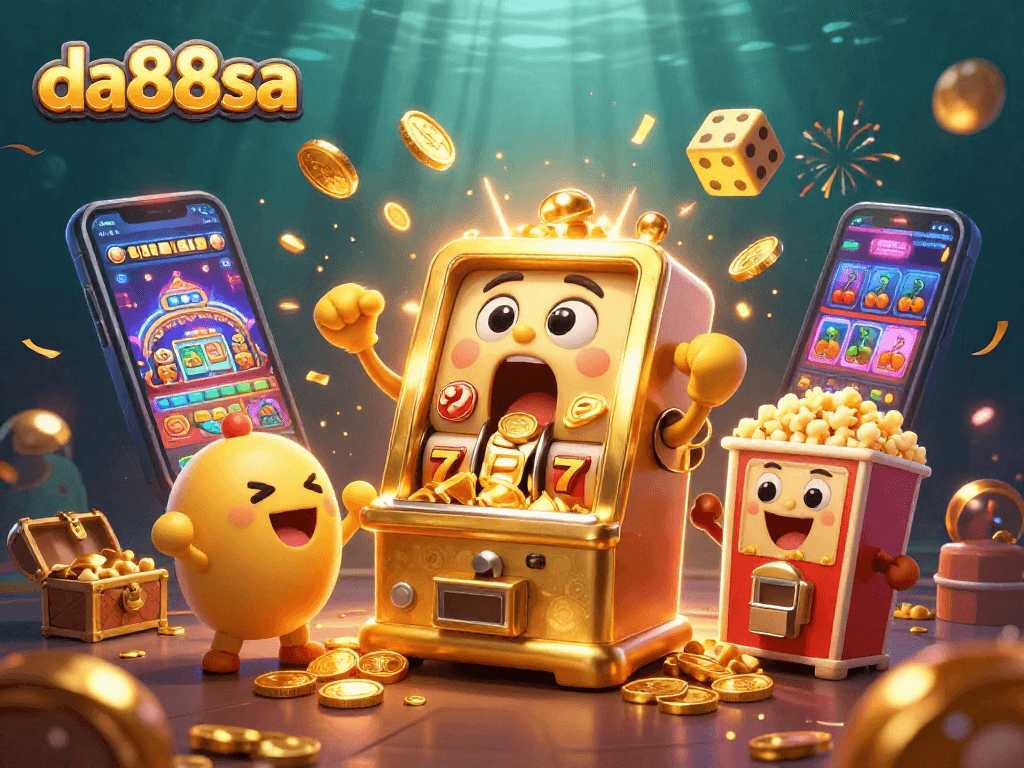 Join da88sa as the golden slot machine celebrates a jackpot with baby machines cheering.
