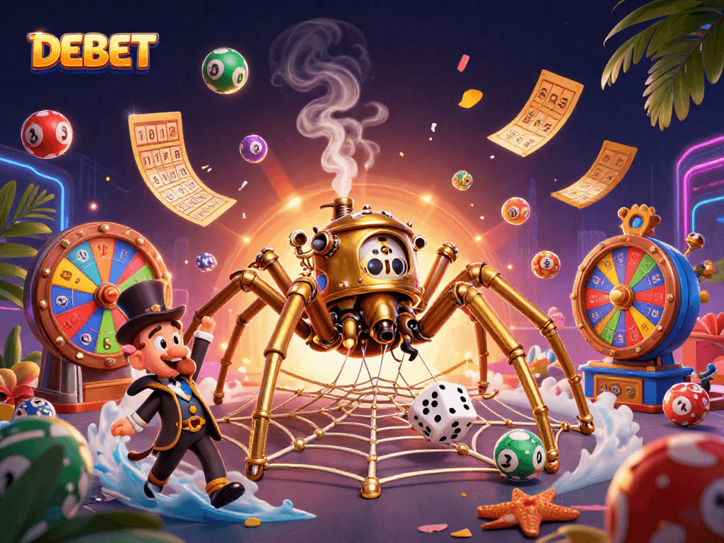 Play exciting lottery games with DEBET's animated characters in a vibrant, dynamic scene.