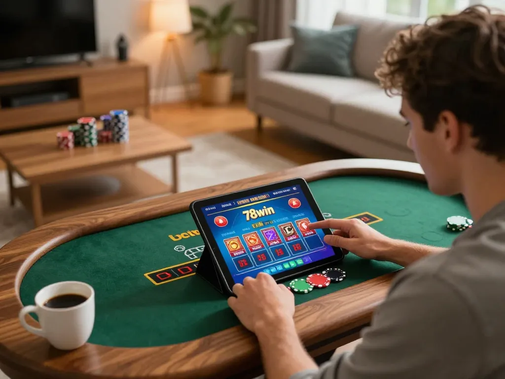 Engage with the excitement of live dealer blackjack on 78win, showcasing a player focused at home.