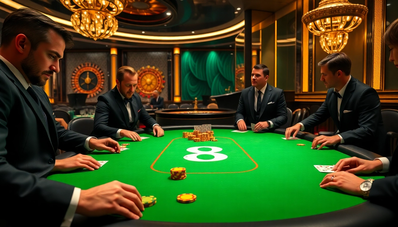 S8 poker table with professional players and luxurious ambiance in a casino.