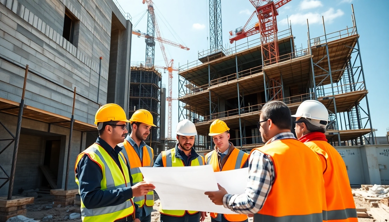 Workers demonstrating construction teamwork on-site with plans and machinery.
