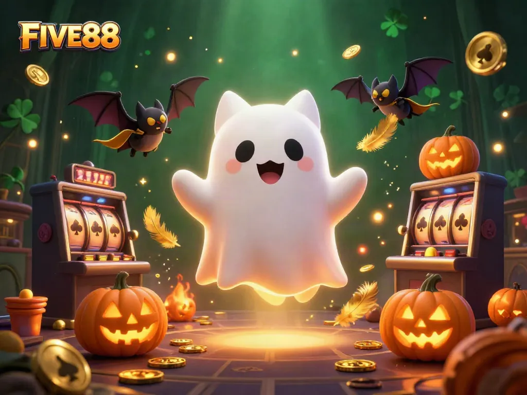 Play with FIVE88 in an enchanting haunted casino scene with a delightful ghost cat and magical elements.