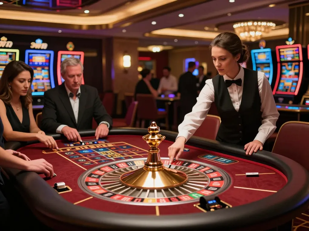 Experience the excitement of 33win at a vibrant roulette table with players engaged in betting.