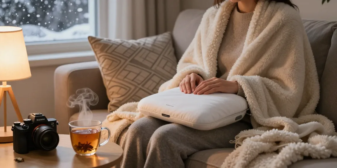 Bequeme zuhause Szene mit einer Person, die ein Wärmekissen Akku verwendet, das Wärme an winterlichen Abenden zeigt.