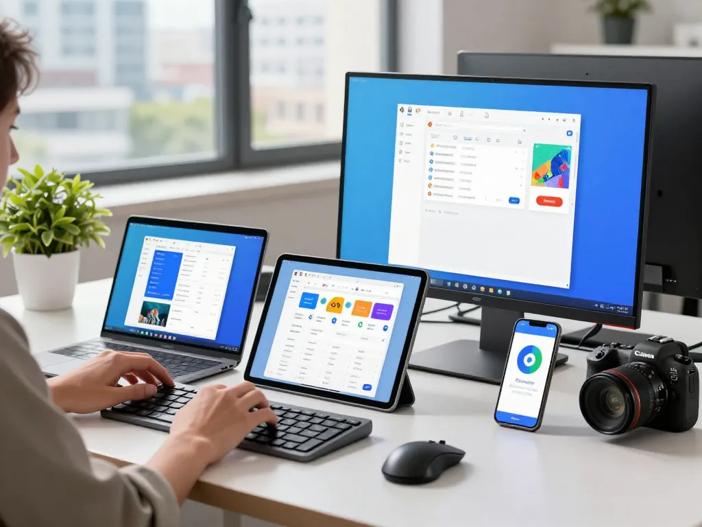 Experience the features of 谷歌浏览器 on multiple devices in a modern tech workspace.