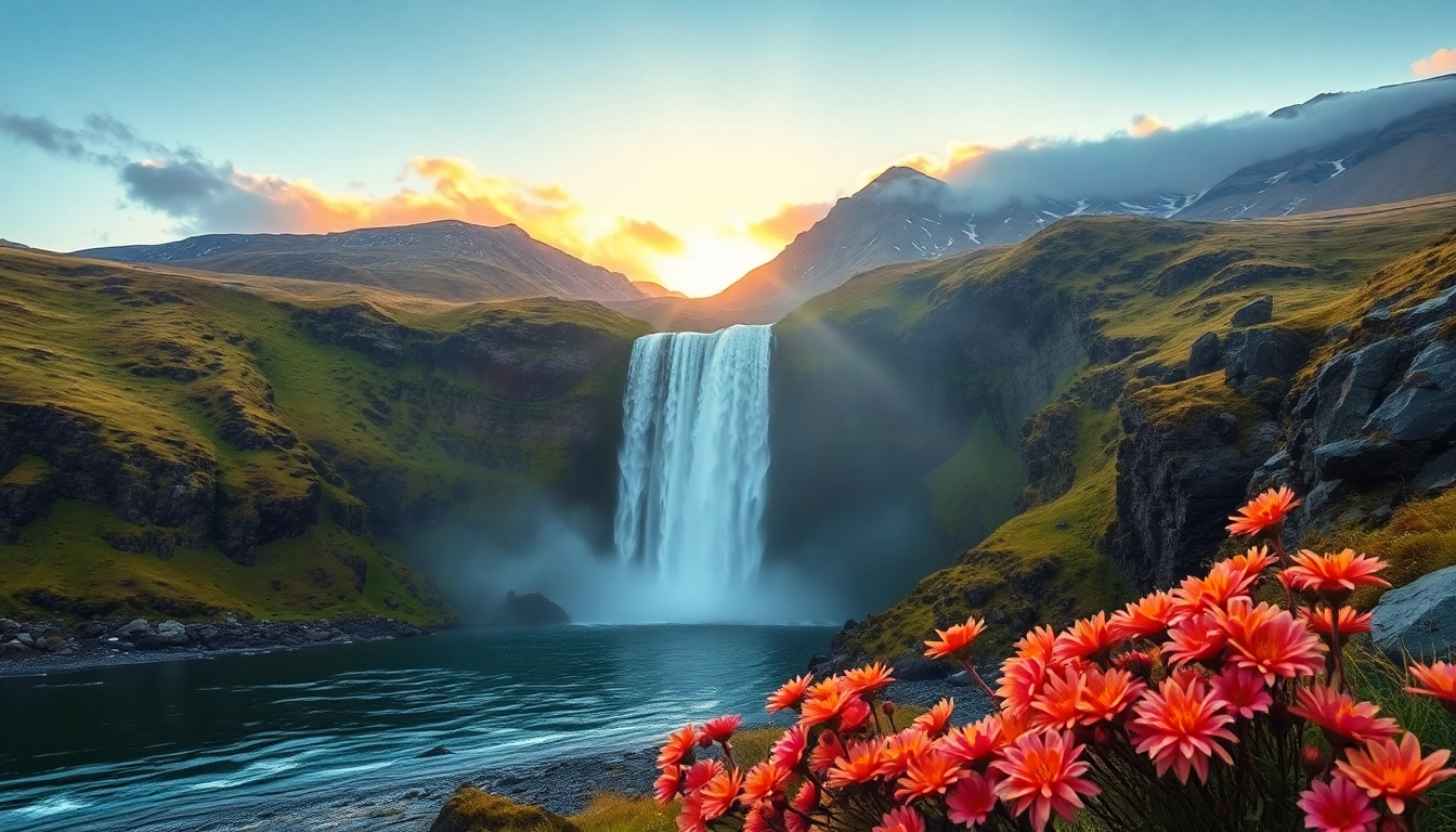 Erleben Sie die atemberaubende Schönheit einer Reise nach Island mit einem Wasserfall unter einem beeindruckenden Sonnenuntergang.