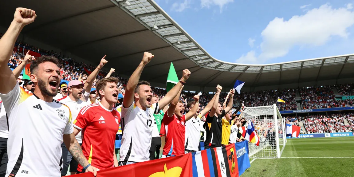 Fans der Fussball WM Deutschland jubeln bei einem Tor und zeigen Nationalflaggen und Banner.