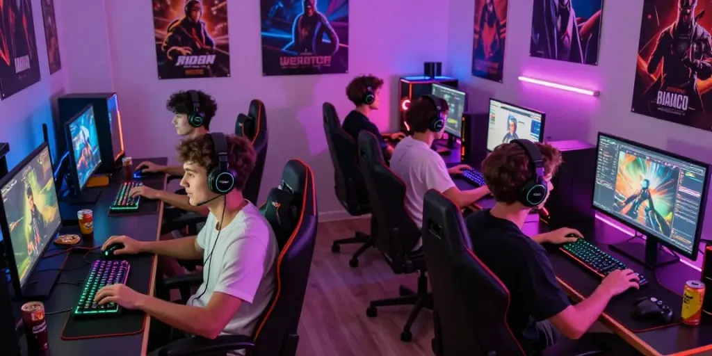 Engaged gamers in a lively F168 gaming session at home, surrounded by colorful equipment and snacks.