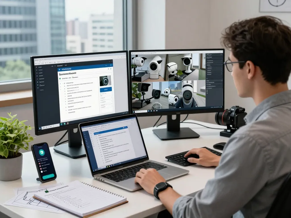 Professionelle Verwaltung der Synology Surveillance Station Einrichtung mit zwei Monitoren und Sicherheitsfeeds in einem modernen Büro.