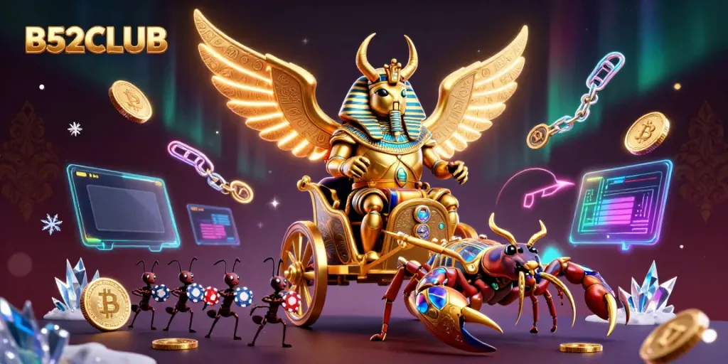 Engage with B52CLUB's dynamic gaming experience featuring vibrant 3D elements of casino games and cryptocurrency.