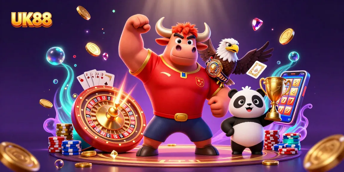 Experience the excitement of UK88 with our vibrant 3D casino scene featuring winning characters and games.