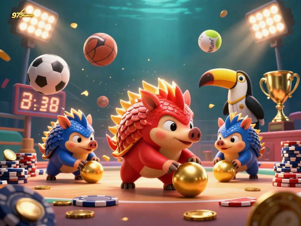 Engage with the thrilling competition at 975howard, featuring pangolins battling amidst golden trophies and poker chips.