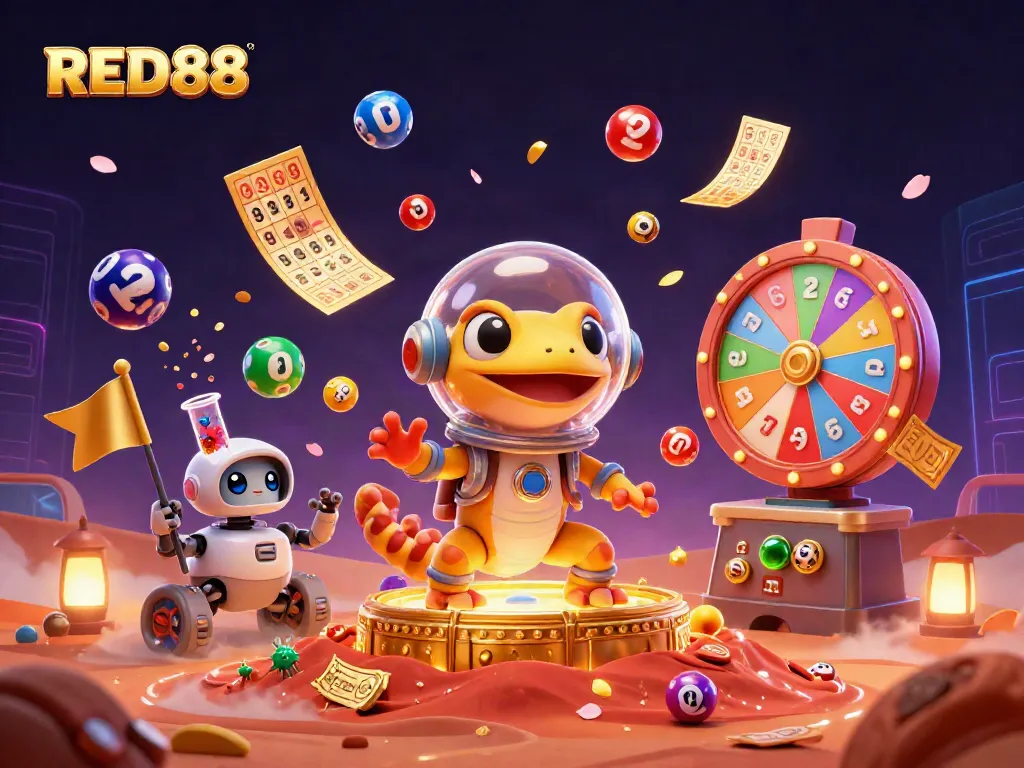 Experience the excitement of RED88's golden casino on Mars with joyful alien characters!
