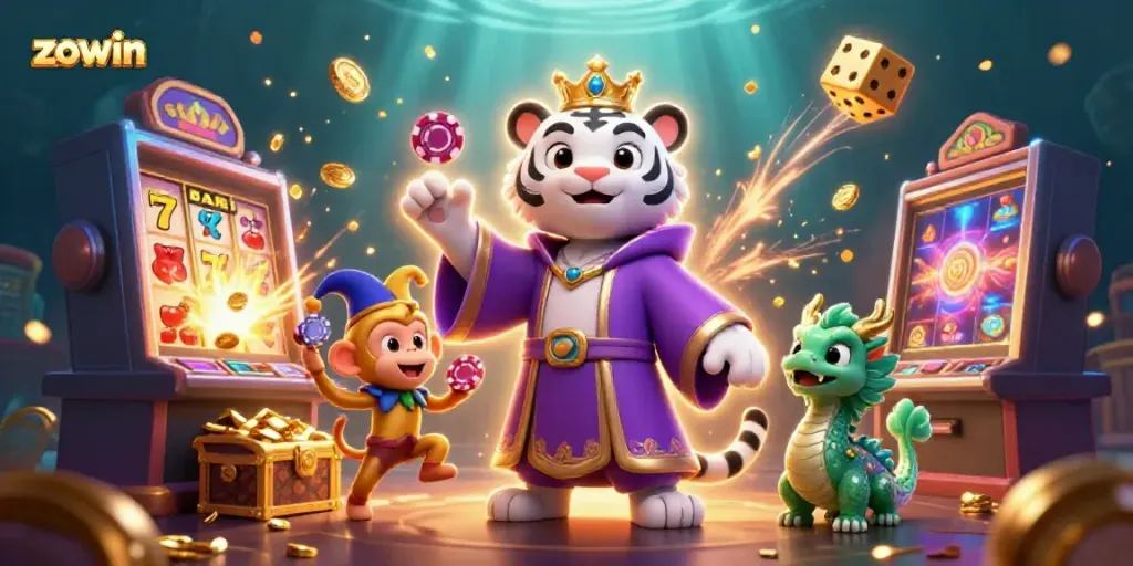 Experience the magic of zowin with vibrant slot machines and animated characters bringing excitement alive.