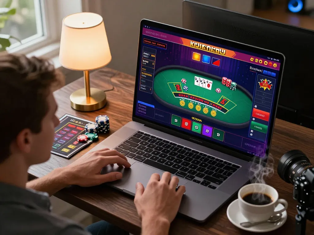 Player engaging in online gaming at dn88 casino, focusing on blackjack strategy with chips and betting guide.