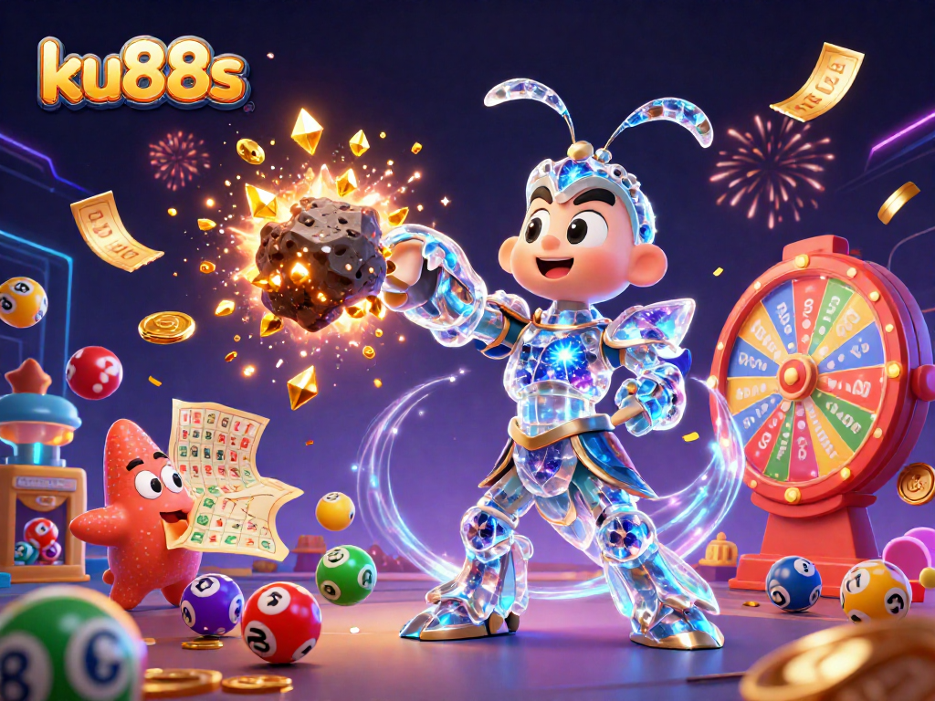 ku88s unleashes excitement with a galactic mantis shrimp amidst a vibrant lottery scene.