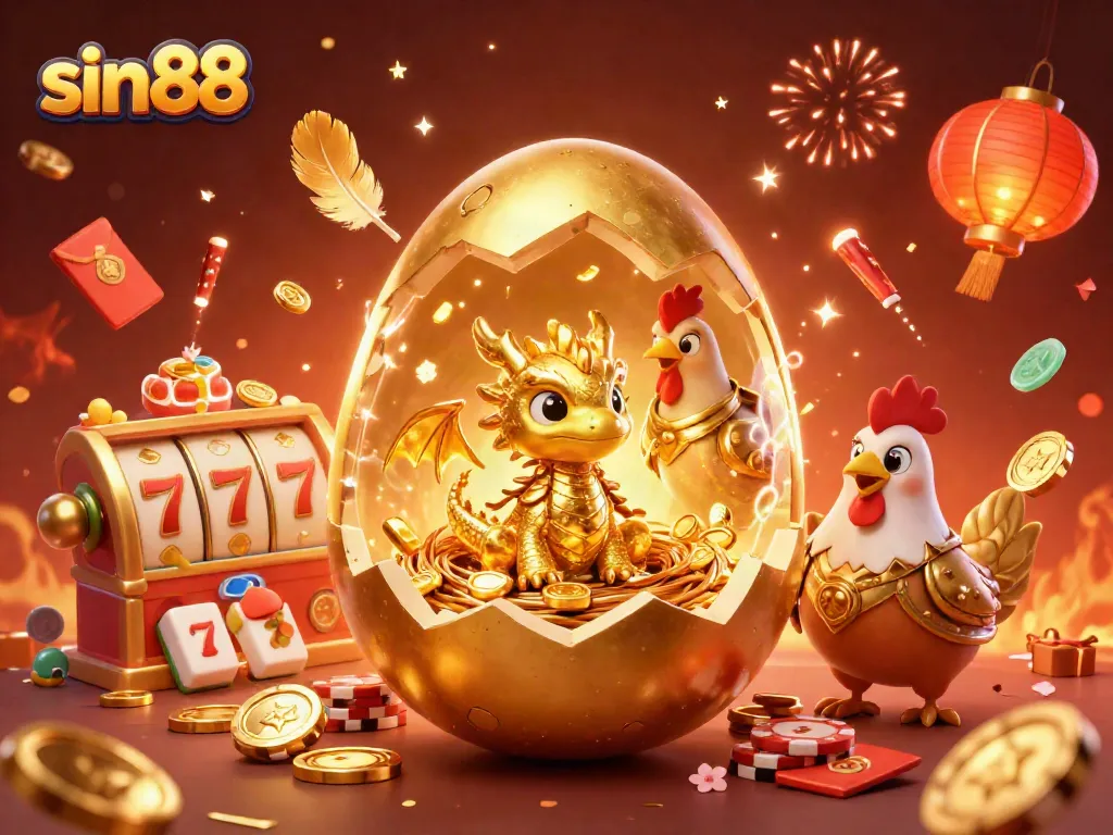 Spin to win at sin88 with a golden dragon on chips, celebration confetti, and exciting jackpot elements.