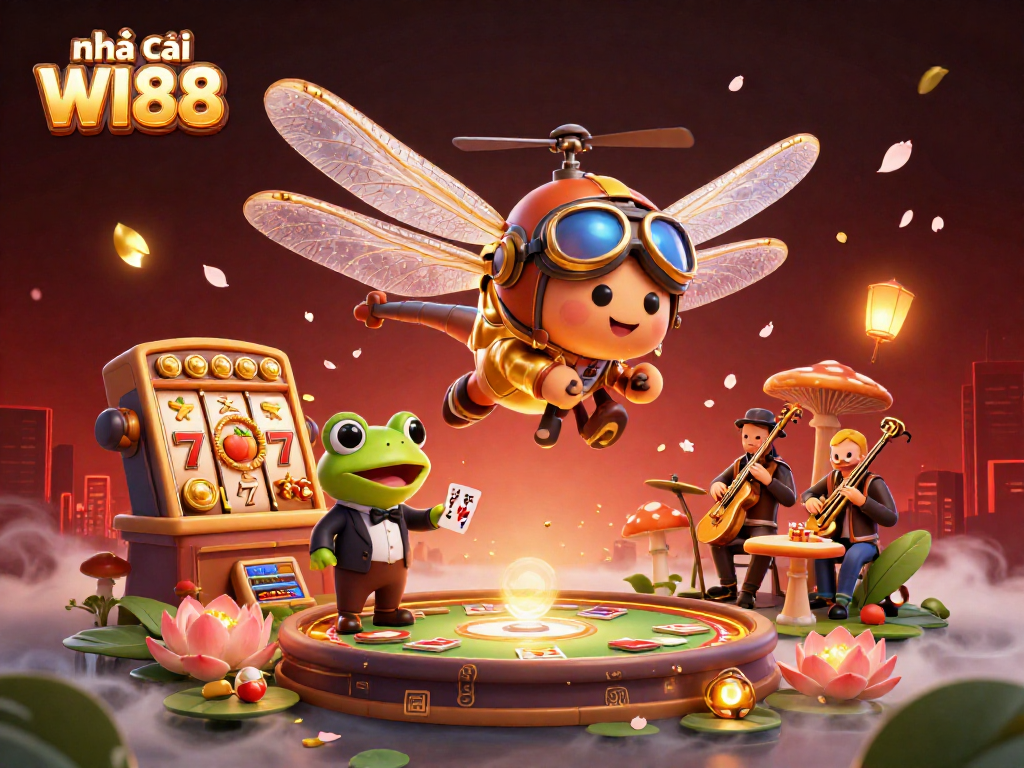 Play exciting games at nhà cái WI88 with our unique dragonfly pilot and frog croupier illustration.
