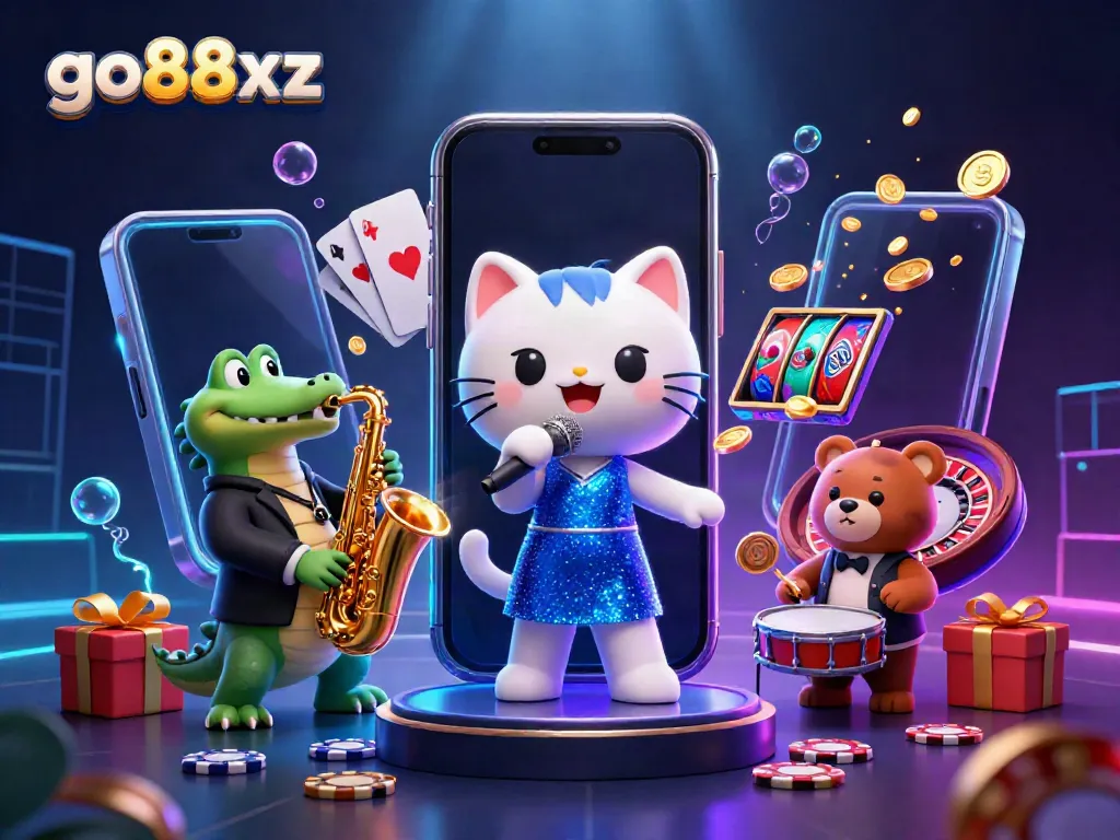 Engage with go88xz's vibrant casino scene featuring a jazzy cat, crocodile saxophonist, and drumming bear amidst dynamic gaming elements.