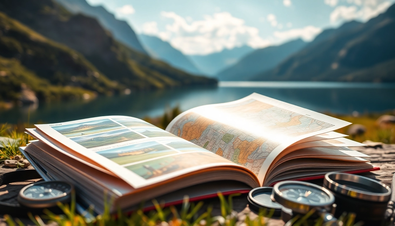 Reiseinformationen in einem Reiseführer in einer malerischen Landschaft mit Bergen und Seen.