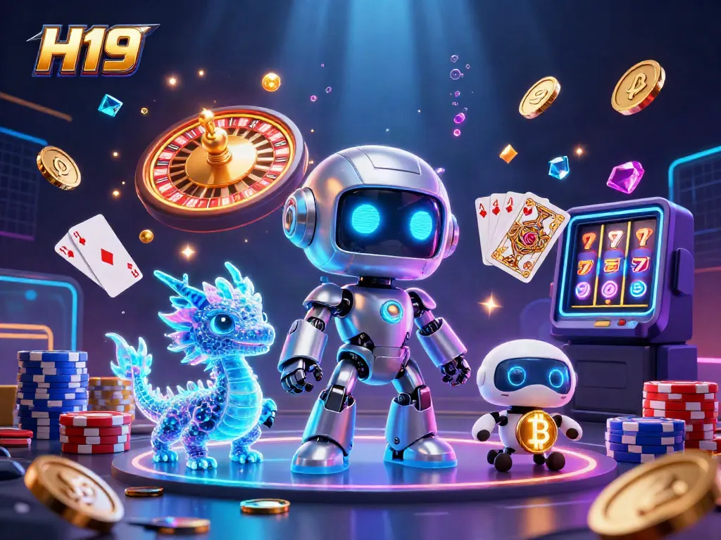 Experience thrilling gaming at H19 with a vibrant 3D illustration of a cyberpunk robot mascot amidst casino elements.