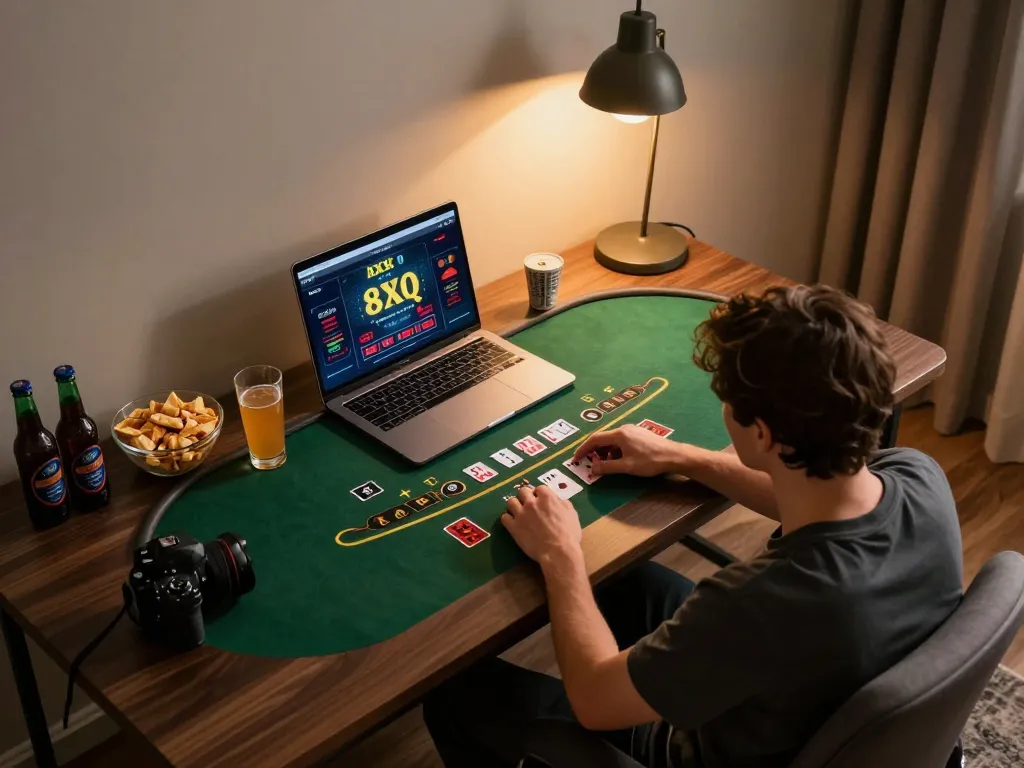 Engaging with the 8XX ATQ live dealer blackjack app on a stylish gaming setup